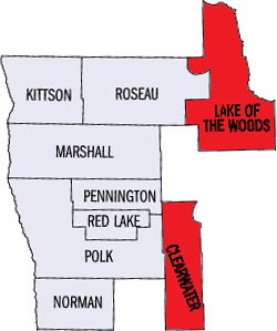 location map of Inter-County Community Council Employment & Training programs, counties served in Minnesota